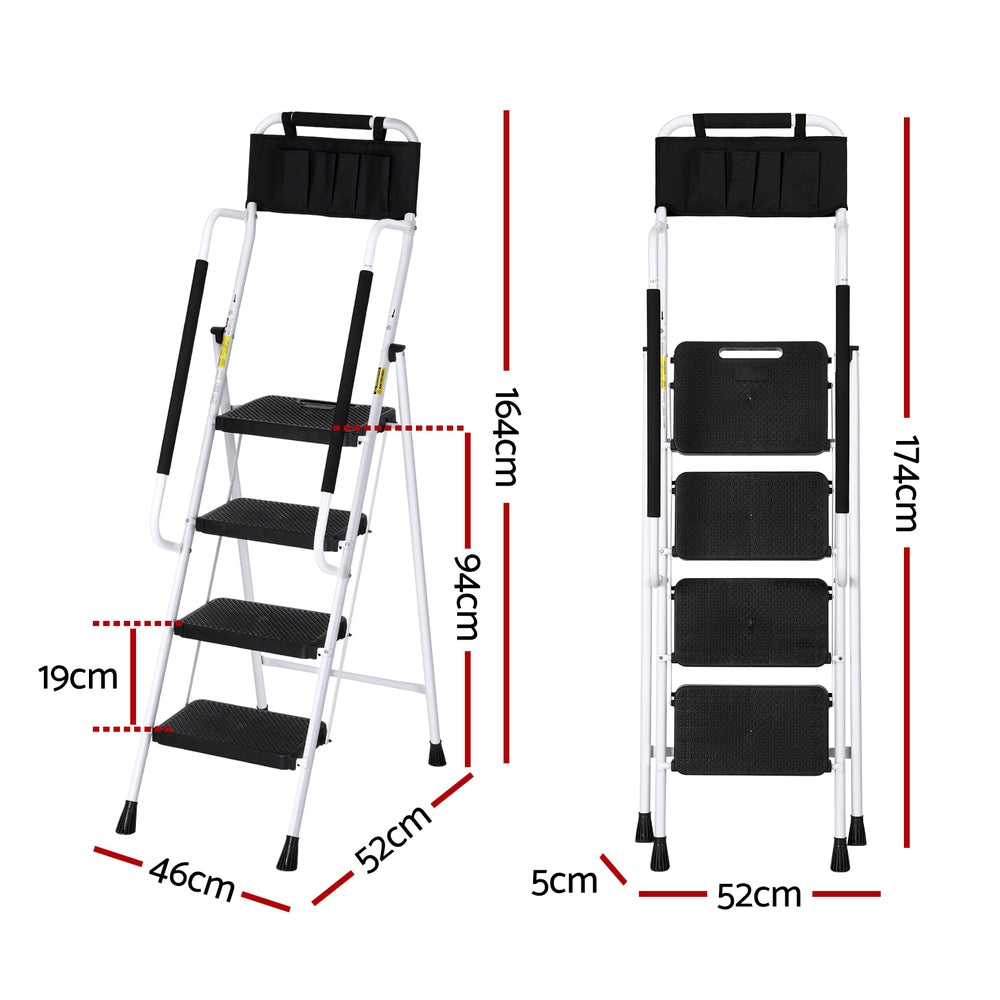 Giantz Portable Steel Step Ladder with Tool Bag and Handrails 150kg