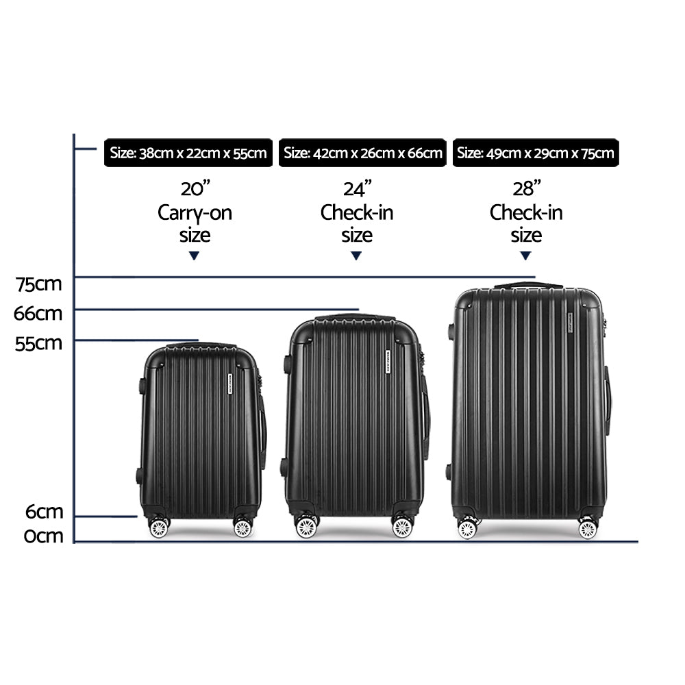 Wanderlite 3 Piece Hard Shell Luggage Set 20-24-28 Inch Black ABS