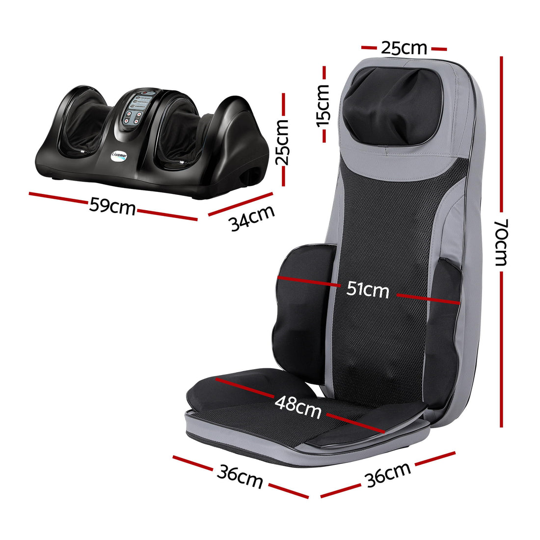 Livemor Full Back Massage Seat Cushion with Foot Massager Heating Black