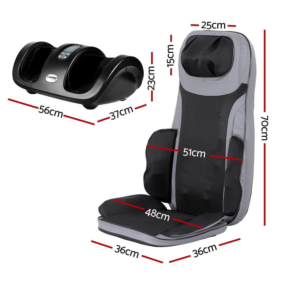 Livemor Full Back Massage Seat Cushion with Kneading Foot Massagers Black