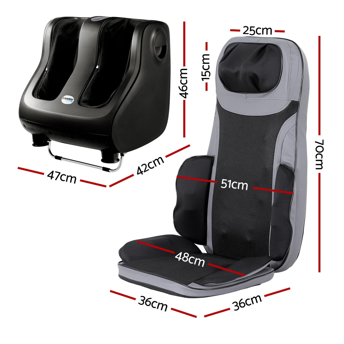 Livemor Full Back Massage Seat Cushion with Foot Massagers Black