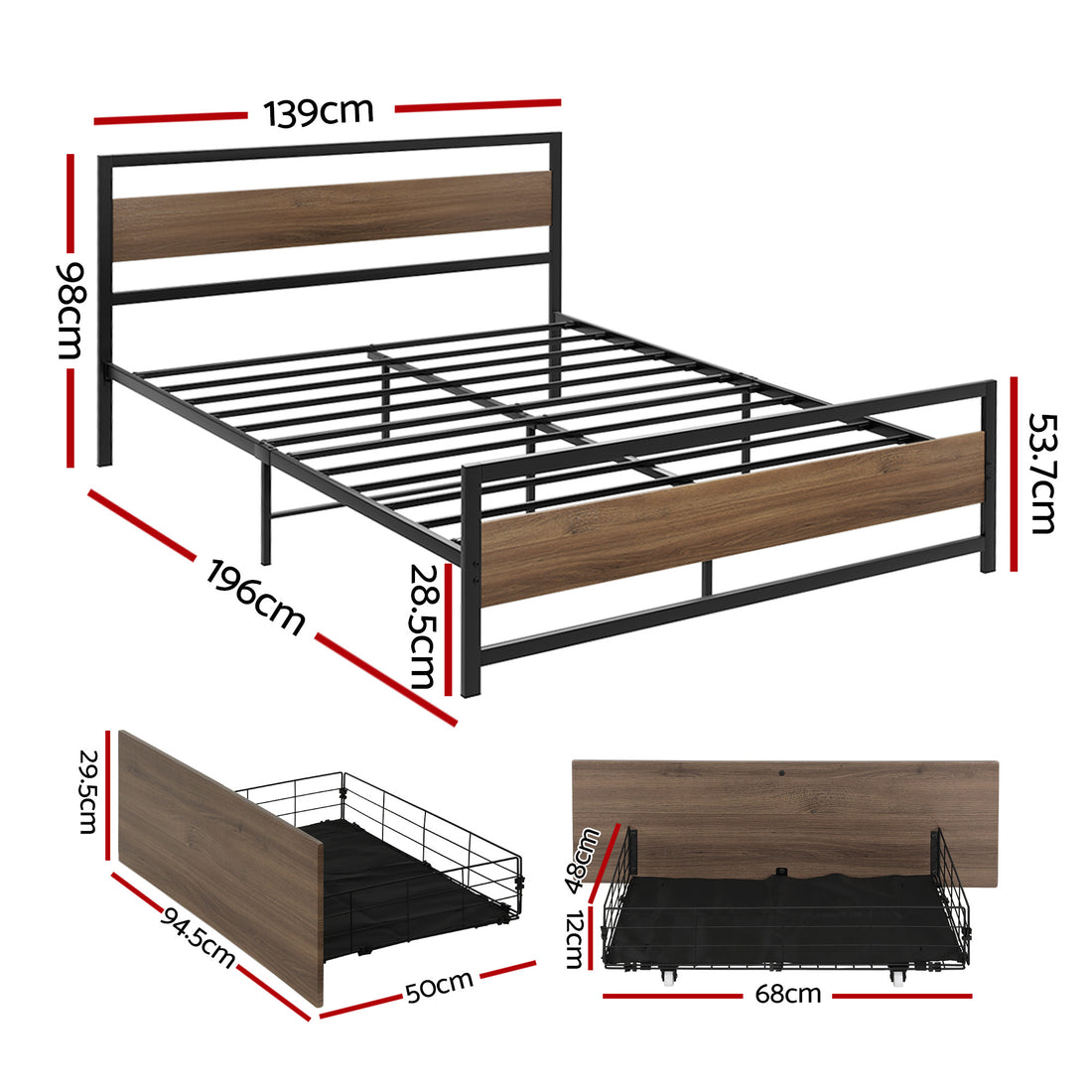Artiss Metal Bed Frame Double with 2 Storage Drawers Black