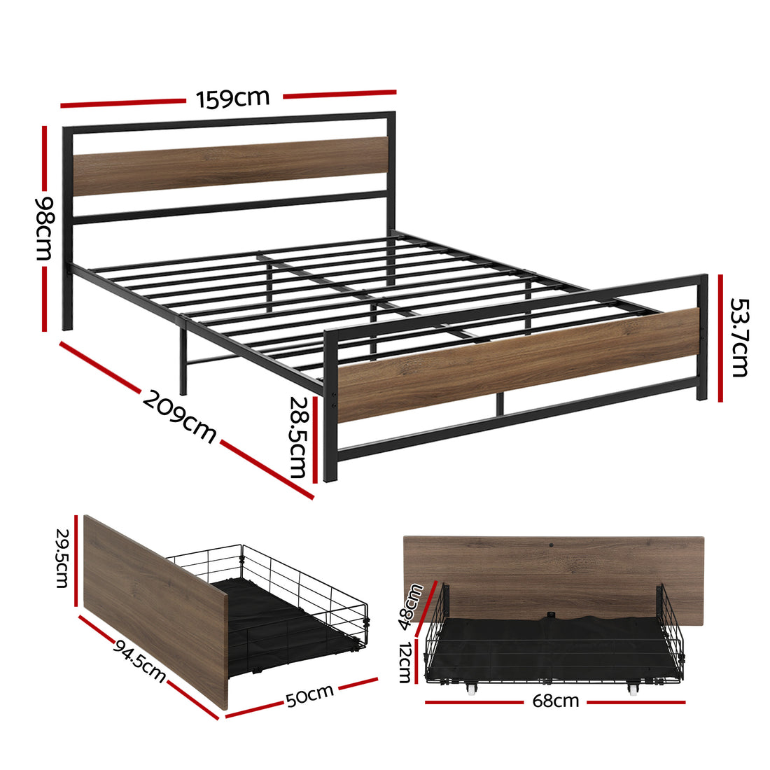 Artiss Metal Queen Bed Frame with 2 Storage Drawers Black