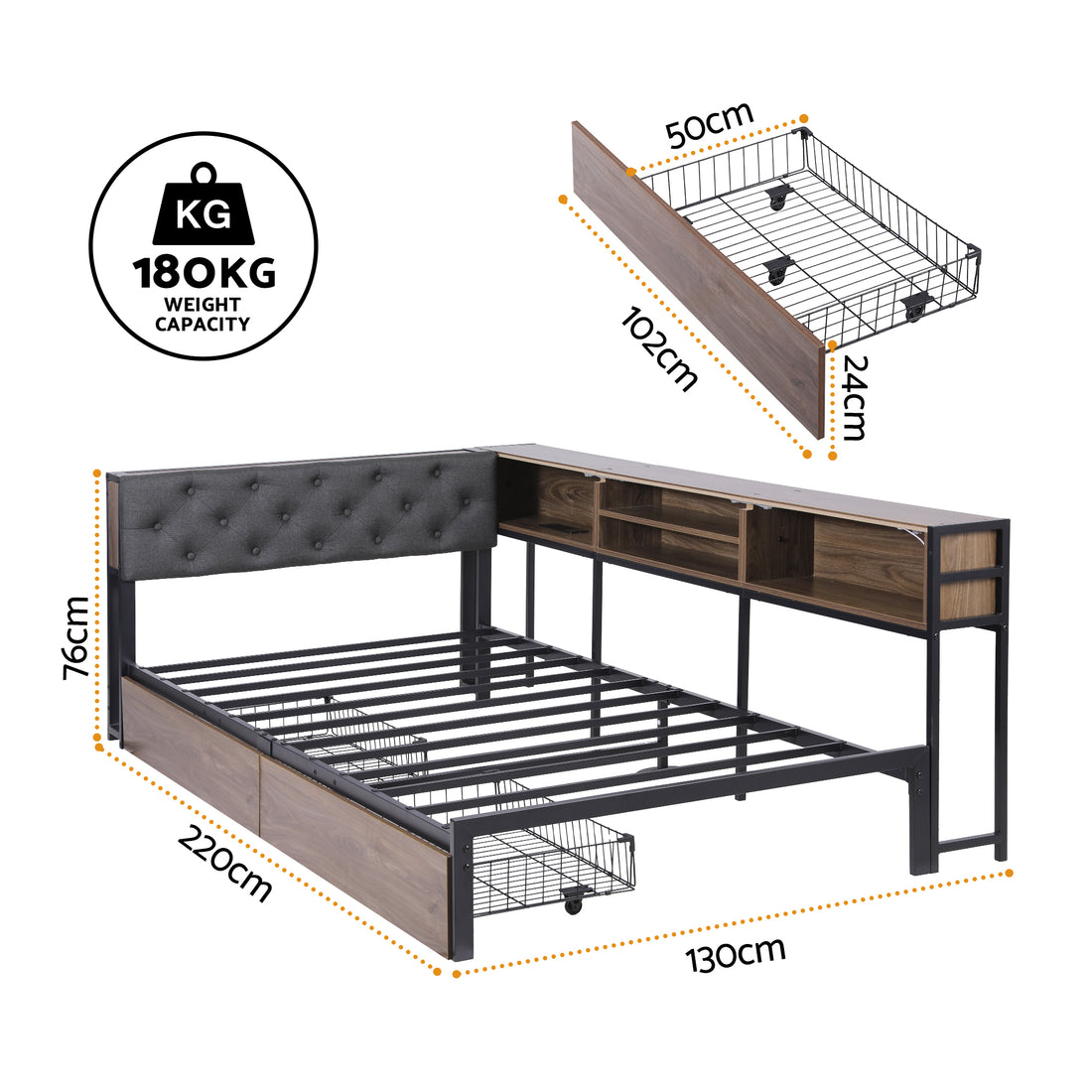 Artiss King Single Metal Corner Bed Frame Storage Drawers Charging