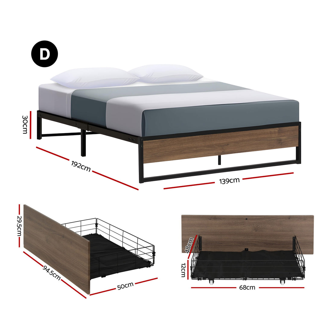 Artiss Oslo Metal Bed Frame with 2 Storage Drawers Double Black