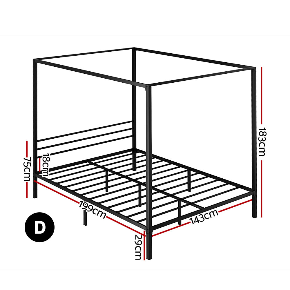 Artiss Pochy Metal Bed Frame Double Black Steel Canopy