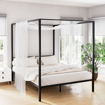 Artiss Pochy Metal Bed Frame Double Black Steel Canopy