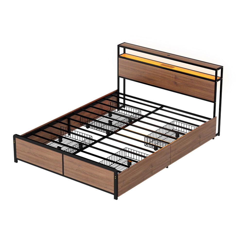 Artiss LED Metal Bed Frame Double Black Charging Station