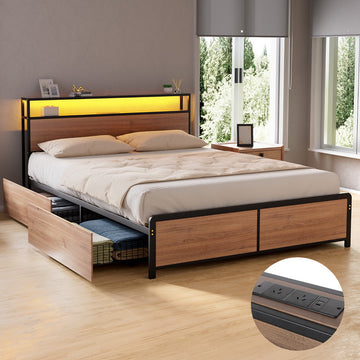 Artiss LED Metal Bed Frame Double Black Charging Station