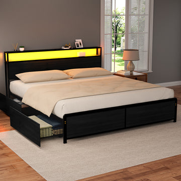 Artiss Metal Bed Frame with LED Lighting and Charging Station 4 Drawers King