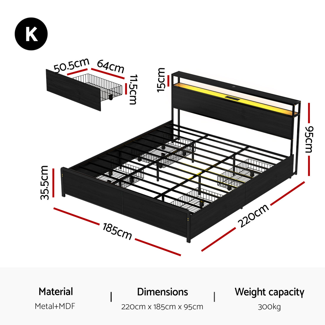 Artiss Metal Bed Frame with LED Lighting and Charging Station 4 Drawers King