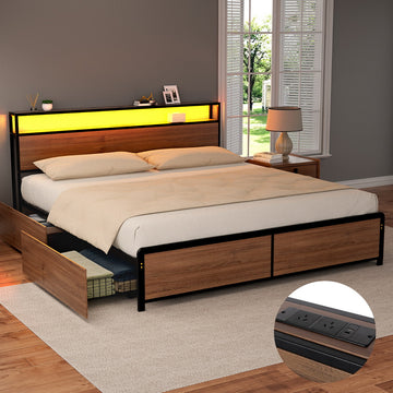 Artiss Metal Bed Frame LED Charging Storage King Size Black