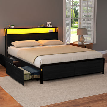 Artiss Metal Bed Frame with LED Lighting and Charging Station 4 Drawers Queen