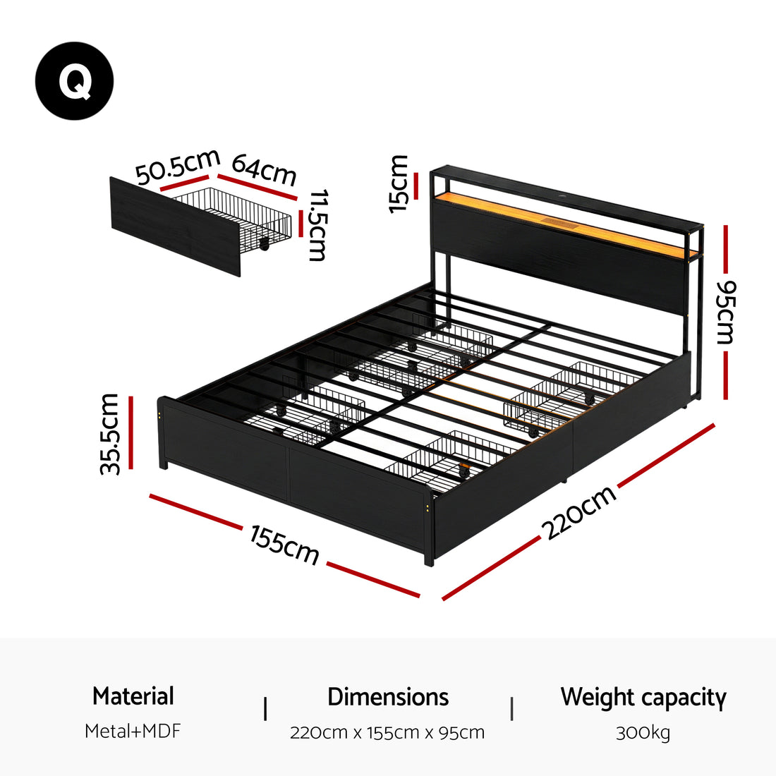 Artiss Metal Bed Frame with LED Lighting and Charging Station 4 Drawers Queen