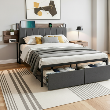 Artiss SOT Metal Storage Bed Frame Double Grey with Charging Station