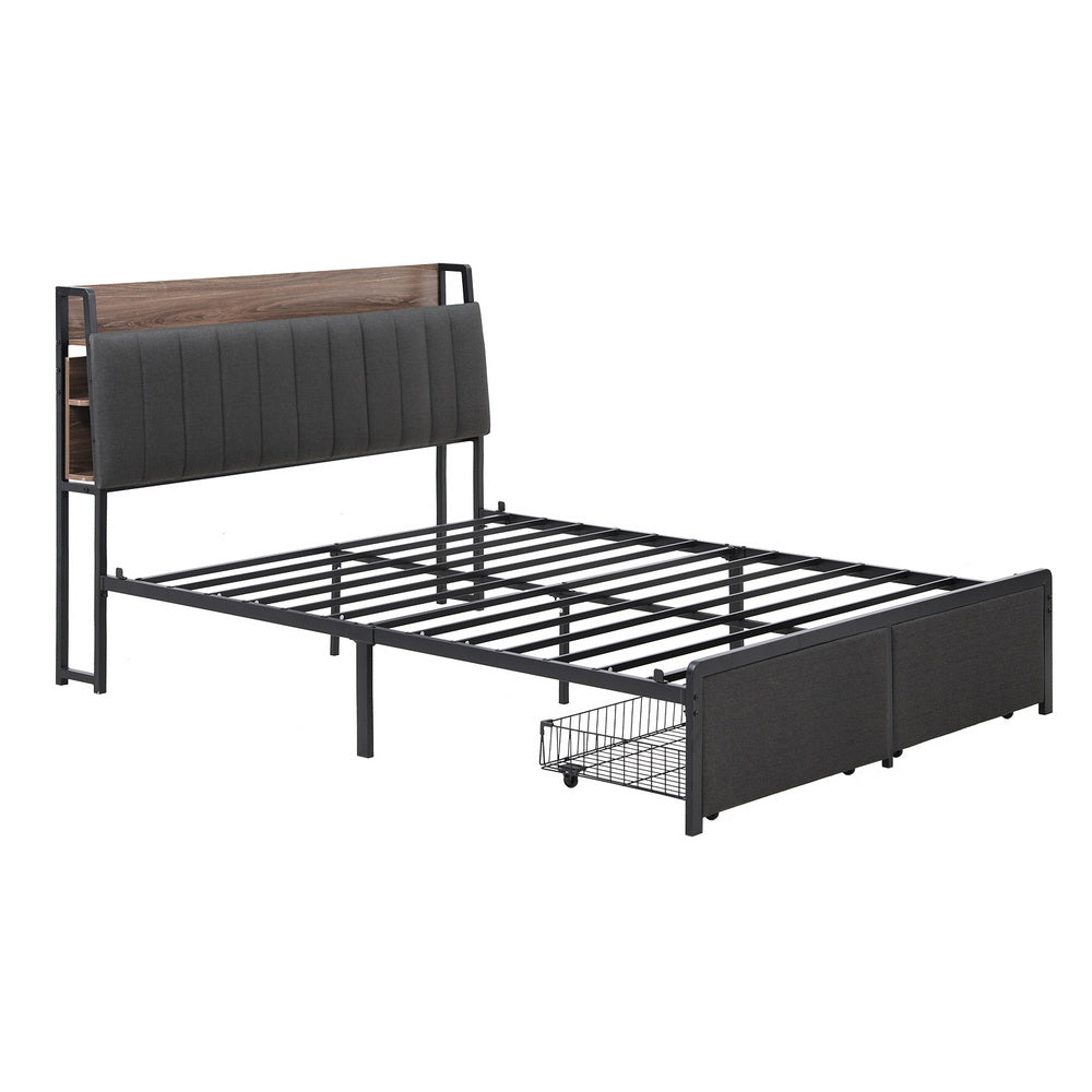 Artiss SOT Metal Storage Bed Frame King Grey with Charging Station