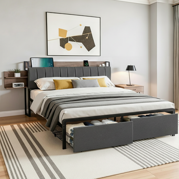 Artiss SOT Metal Storage Bed Frame King Grey with Charging Station