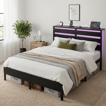 Artiss LED Metal Double Bed Frame with Charging Station Black