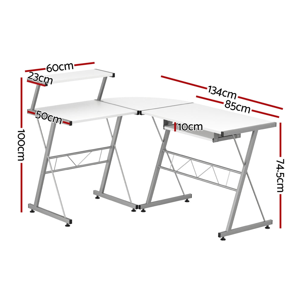 Artiss L-Shaped Computer Desk with Keyboard Tray and Shelf White