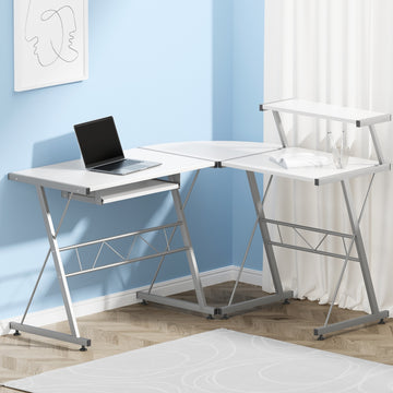 Artiss L-Shaped Computer Desk with Keyboard Tray and Shelf White
