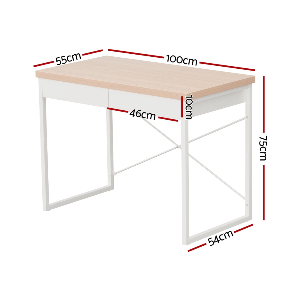 Artiss Computer Desk Steel Frame 2 Drawers Oak