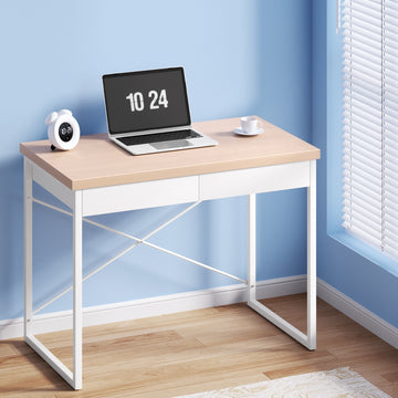 Artiss Computer Desk Steel Frame 2 Drawers Oak