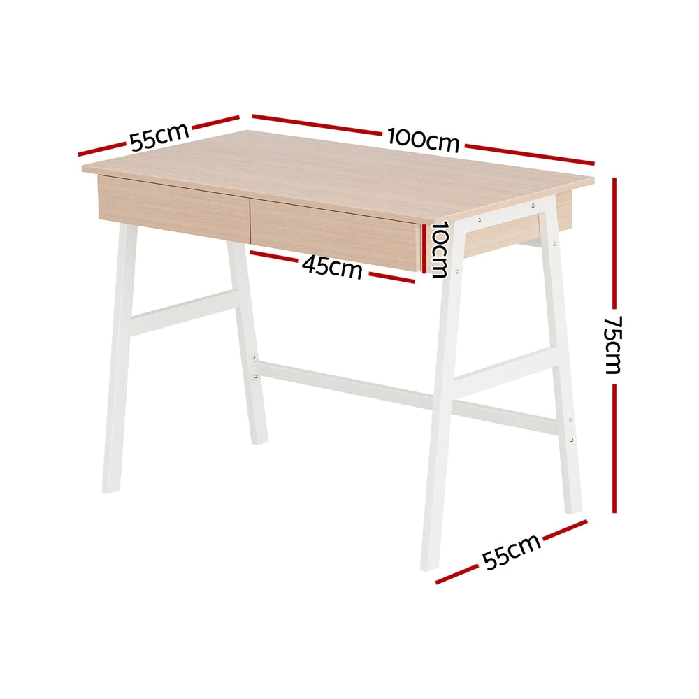 Artiss Computer Desk Steel Frame 2 Drawers Oak 100cm