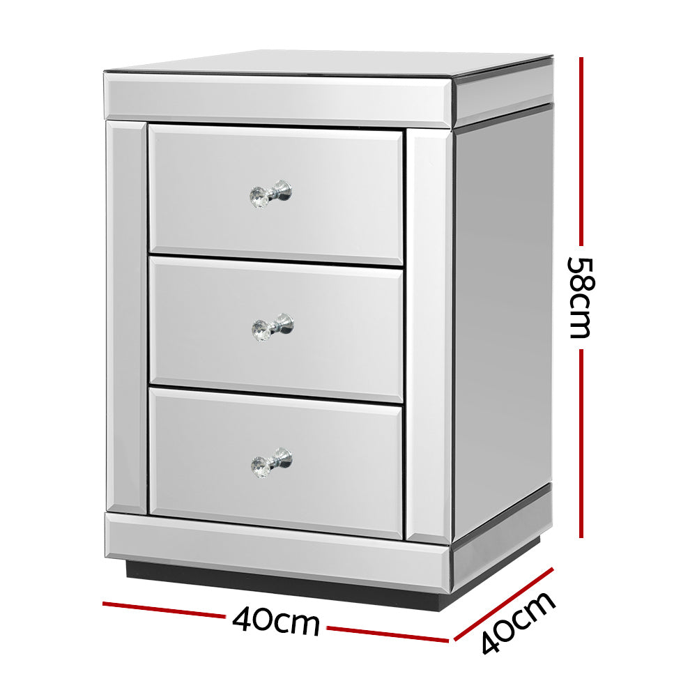 Artiss Mirrored Bedside Table 3 Drawers Silver