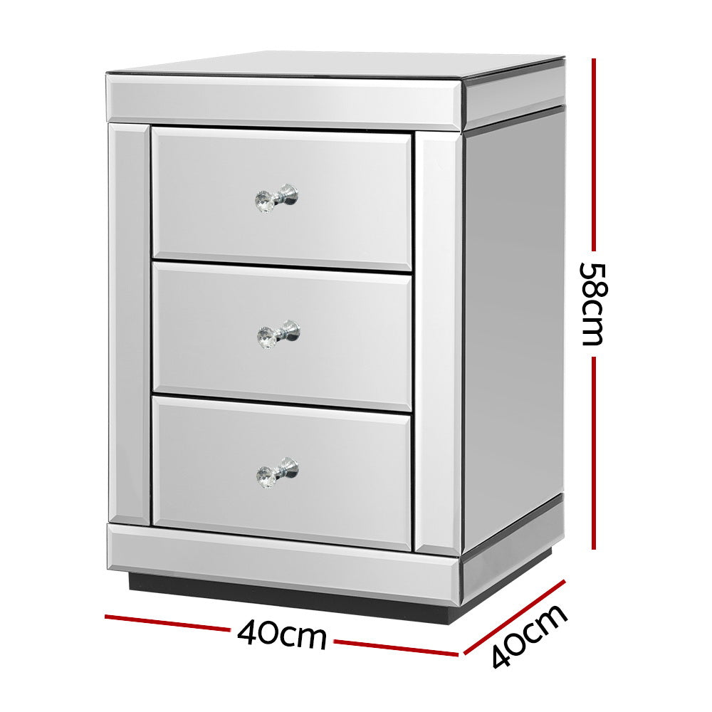 Artiss Mirrored Bedside Table 3 Drawers Silver Elegance Set