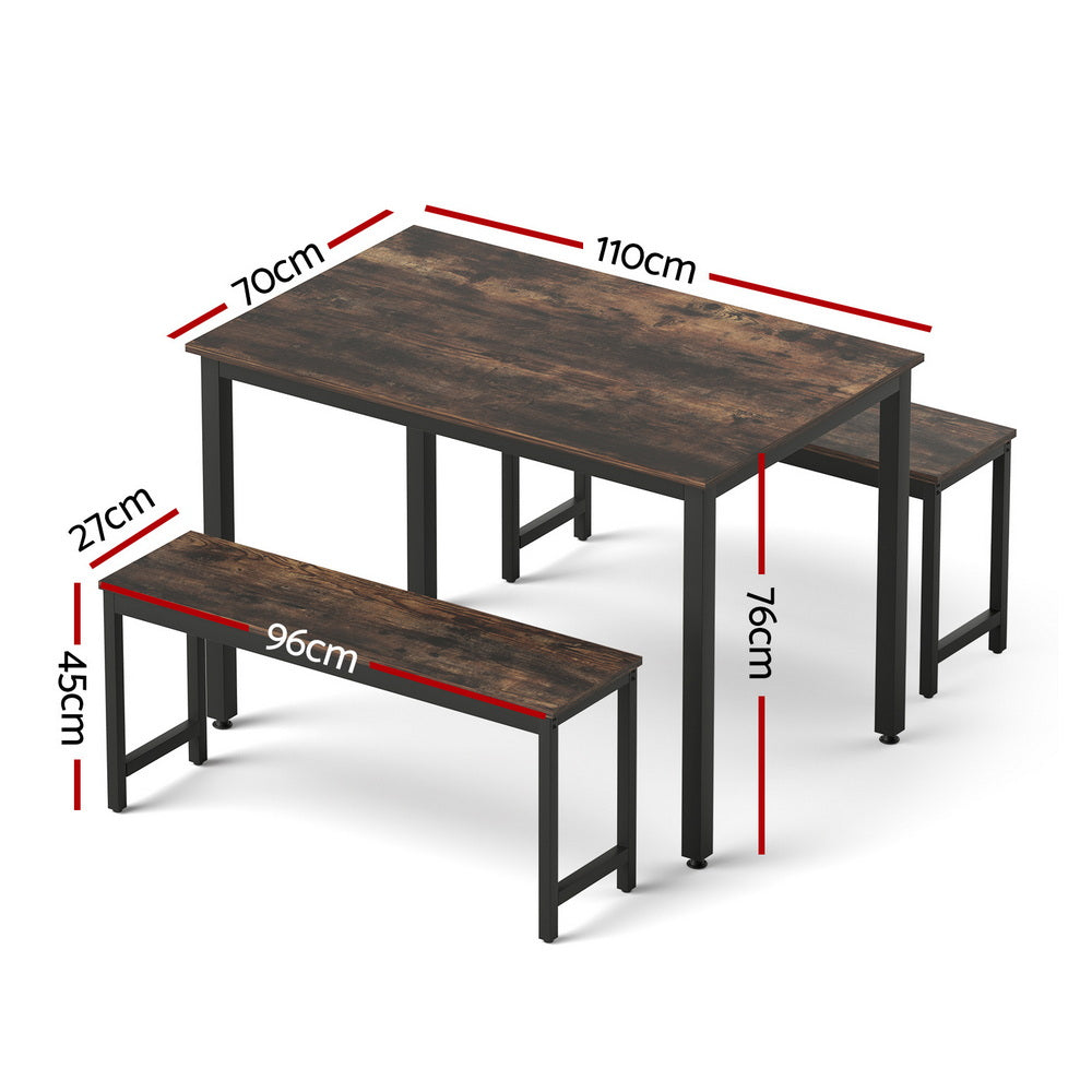 Artiss 3-Piece Dining Table and Benches Dark Walnut