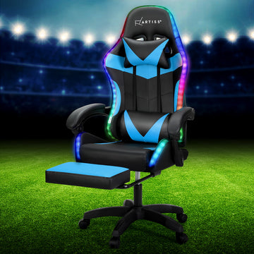 Artiss Massage Gaming Chair 6 Point LED Cyan Blue