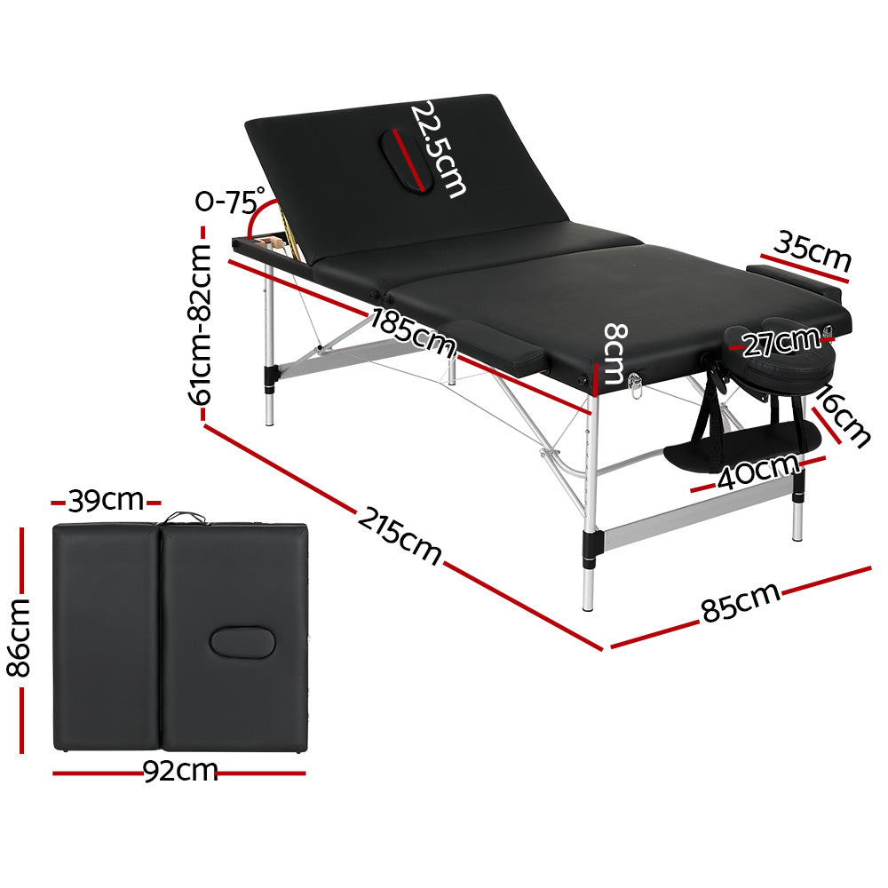 Zenses Portable Massage Table 3 Fold Aluminium 85cm Black