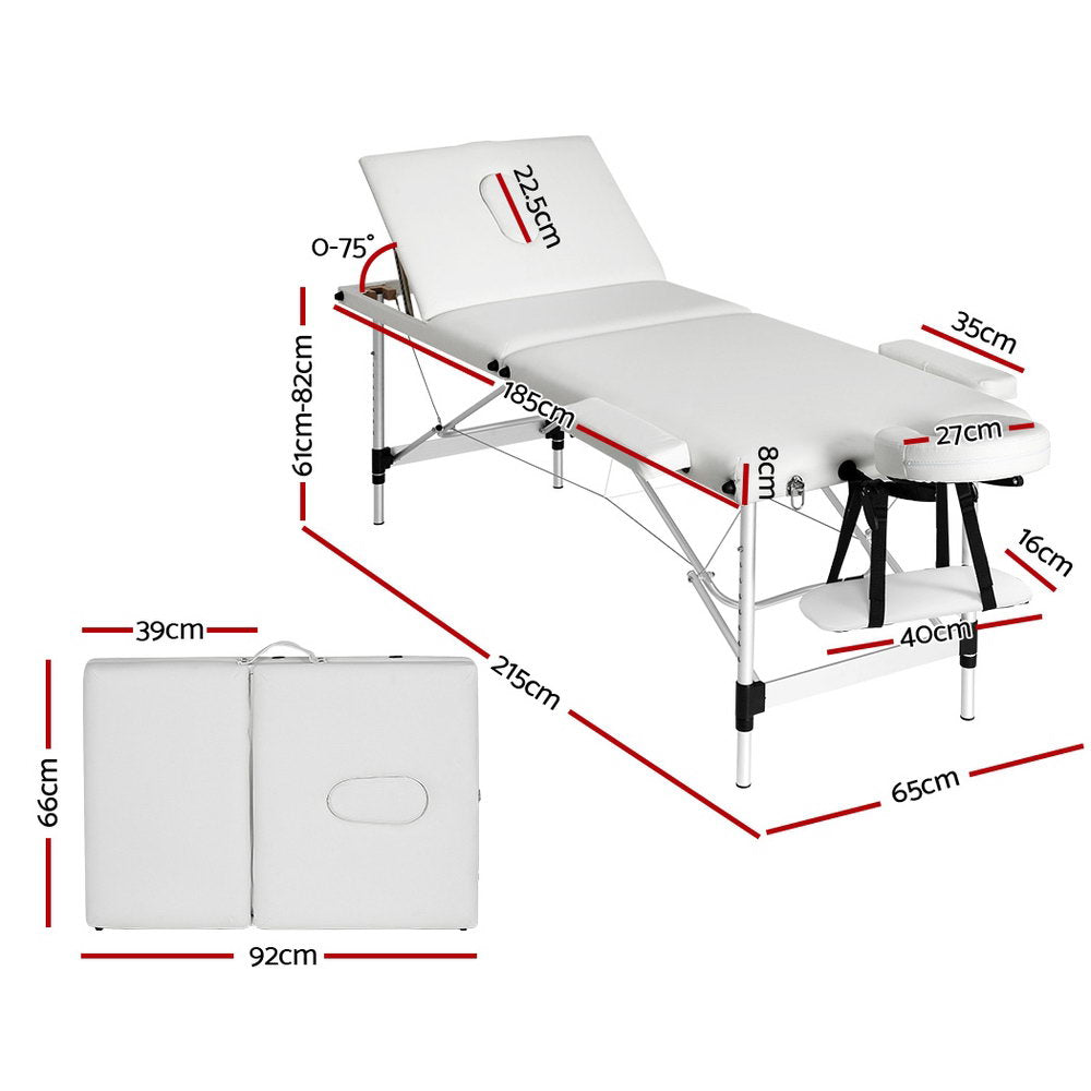 Zenses Portable Massage Table 3 Fold Aluminium 65cm White