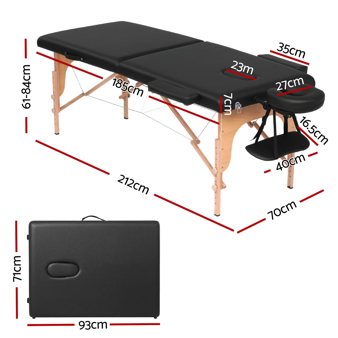 Zenses Portable 2-Fold Wooden Massage Table with Carry Bag Black 300kg