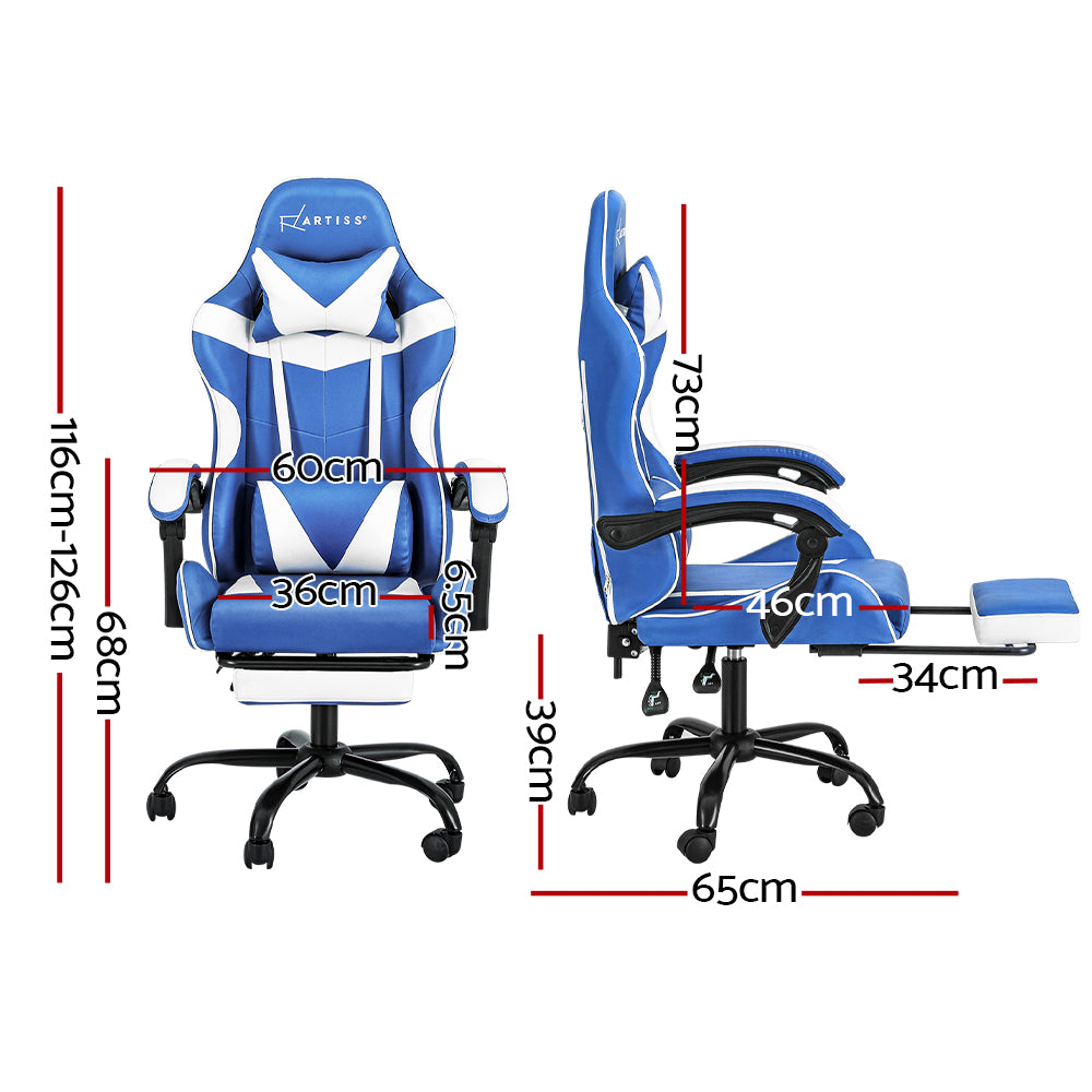Artiss Gaming Chair with Footrest Blue and White PVC