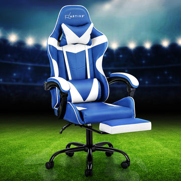 Artiss Gaming Chair with Footrest Blue and White PVC