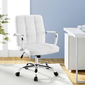 Artiss Office Chair PU Leather White Mid Back