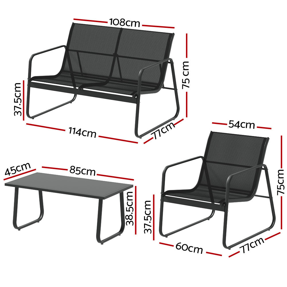 Gardeon Textilene 4-Piece Outdoor Sofa Set with Tempered Glass Table and Steel Frame