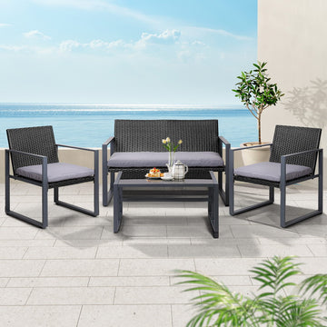 Gardeon 4-Piece Outdoor Rattan Sofa Set with Glass Top Table