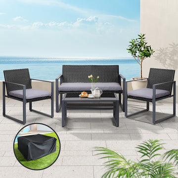 Gardeon Rattan Outdoor Sofa Set 4-Piece with Storage Cover Black