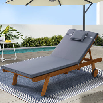 Gardeon Wooden Sun Lounge Day Bed with Wheels Grey