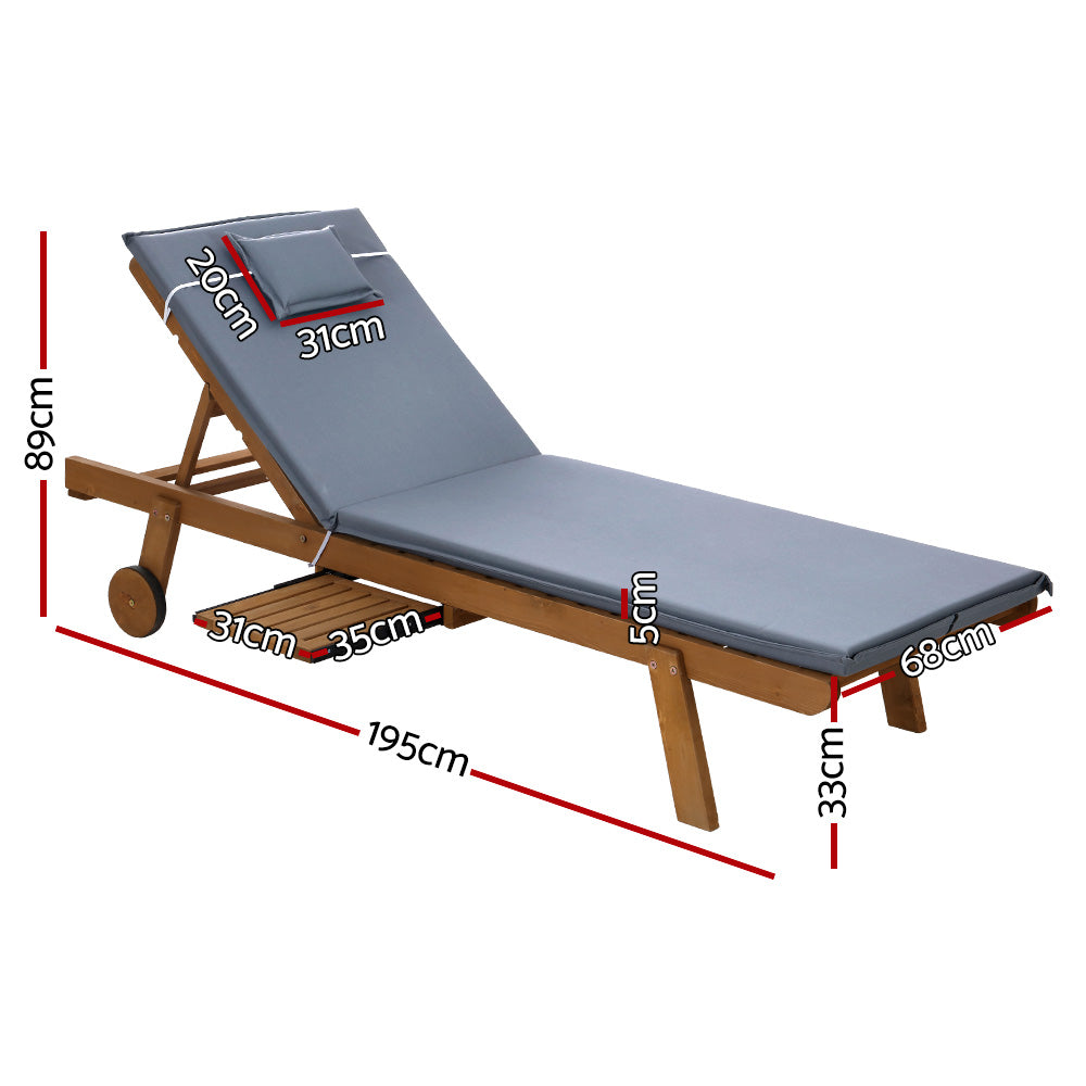 Gardeon Wooden Sun Lounge Day Bed with Wheels Grey