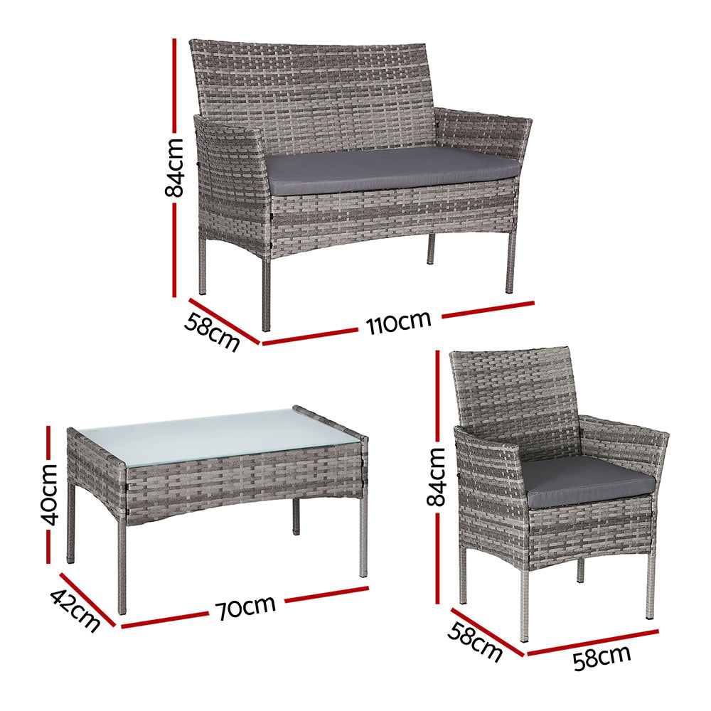 Gardeon Outdoor Wicker Sofa Set 4-Seater with Side Table Grey