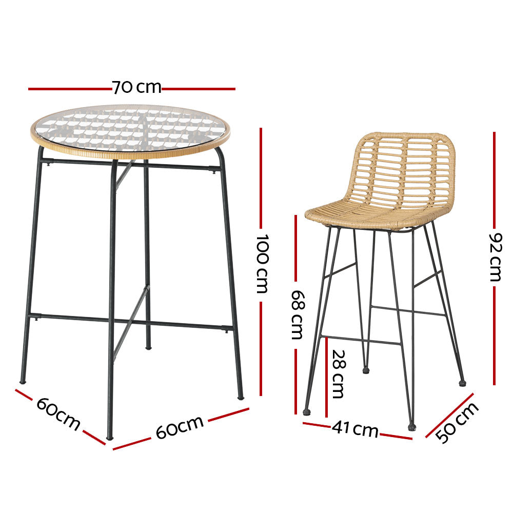 Gardeon Outdoor Wicker Bar Set 2 Chairs Table Brown and Black