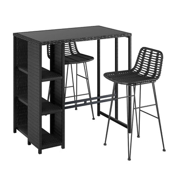 Gardeon Wicker Outdoor Bar Set with Storage Shelf Table Black