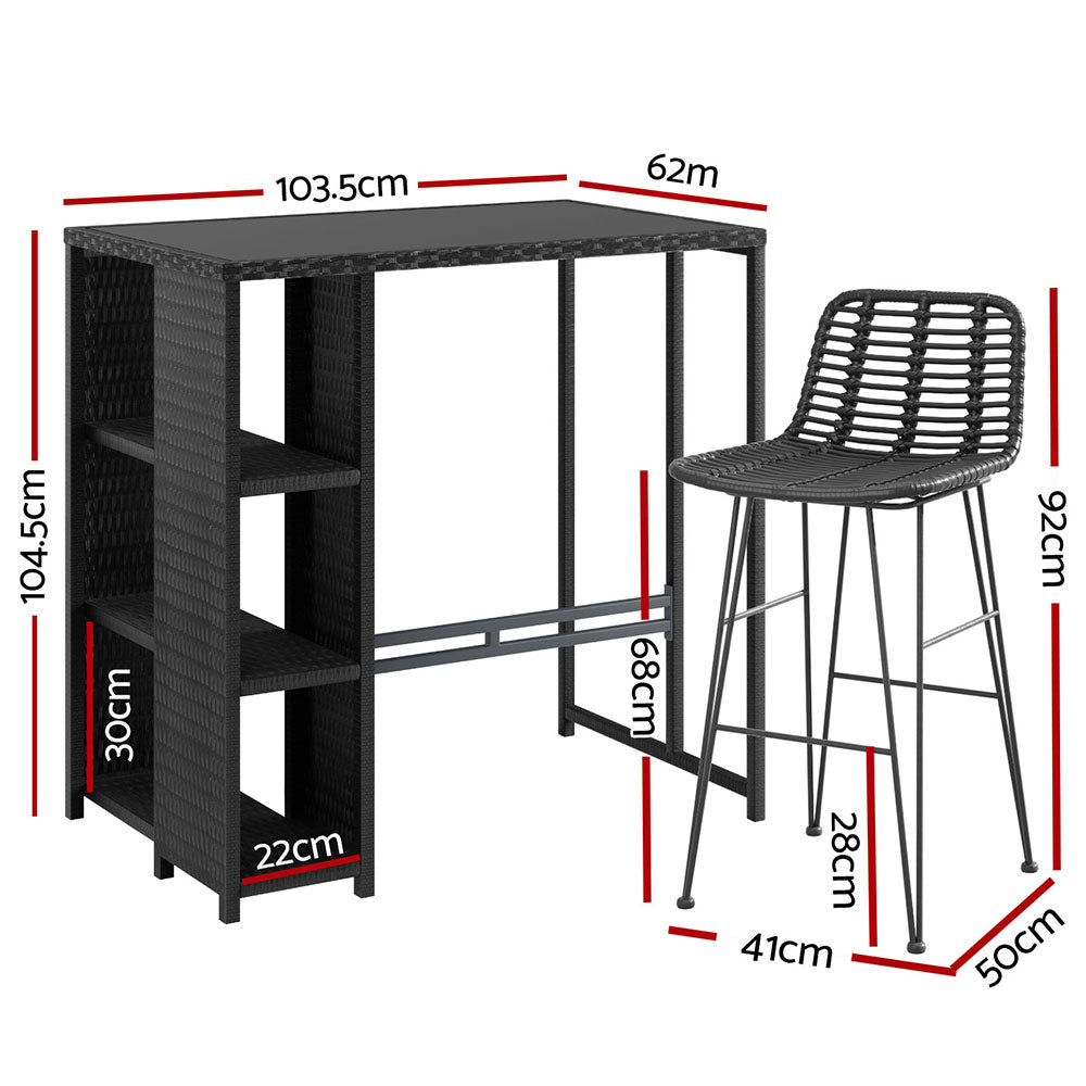 Gardeon Wicker Outdoor Bar Set with Storage Shelf Table Black