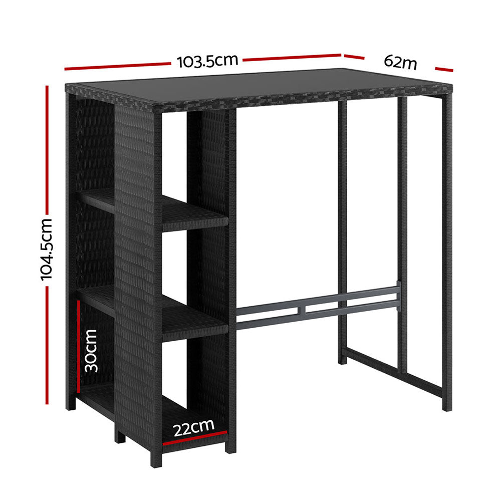 Gardeon Wicker Outdoor Bar Table with Glass Top Black Steel Frame