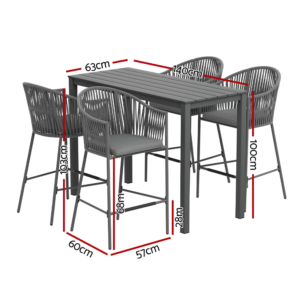 Gardeon Outdoor Bar Set with Rope Chairs Seats 4 Black