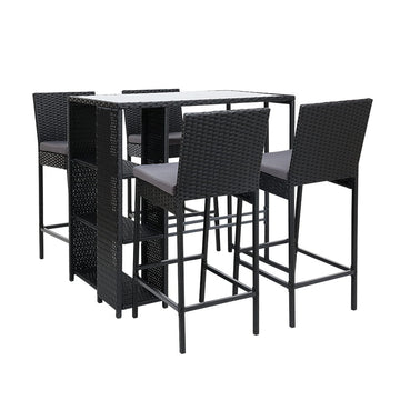 Gardeon 5 Piece Outdoor Bar Set Wicker Table and 4 Stools Black Steel