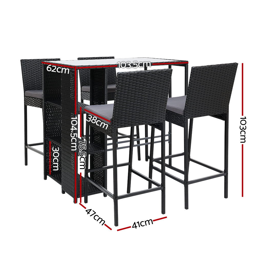 Gardeon 5 Piece Outdoor Bar Set Wicker Table and 4 Stools Black Steel